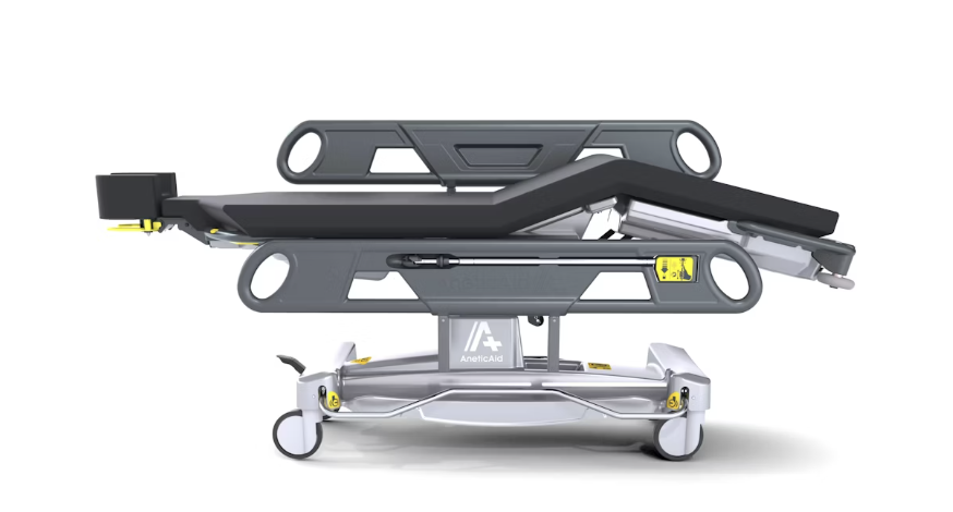 Modern hospital stretcher with adjustable backrest and sturdy wheels.