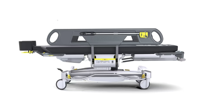 Modern medical stretcher with adjustable features and wheels.
