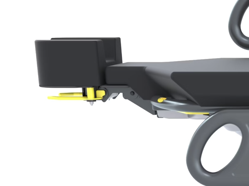 Side view of a modern black and yellow stroller frame with a curved handle.