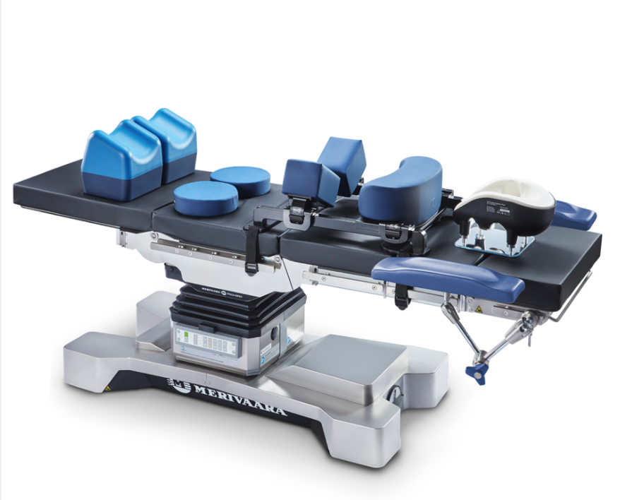Advanced surgical operating table with adjustable components and integrated lighting.