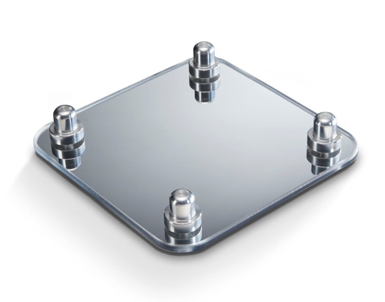 A square glass panel with four metal standoffs at each corner.