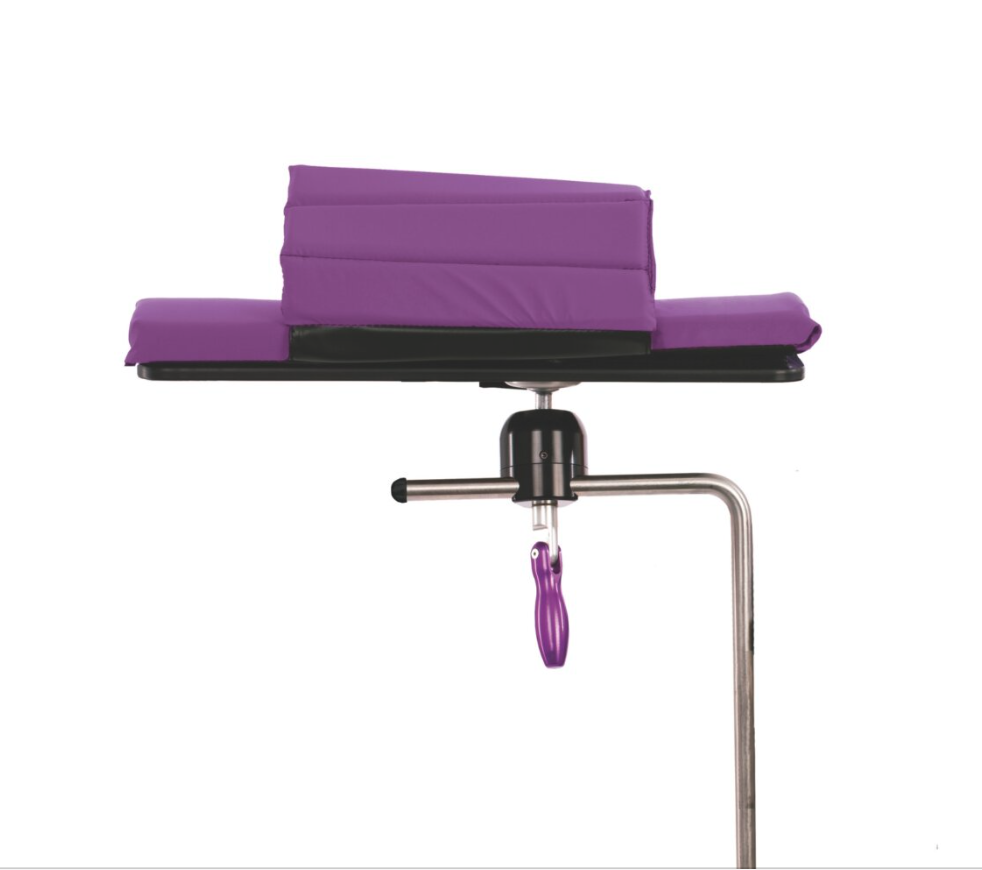 Purple cushioned armrest on adjustable metal stand.