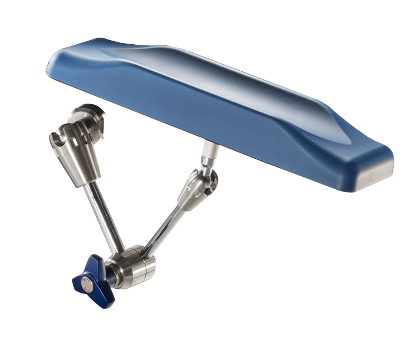 Adjustable blue desk lamp with metallic joints and clamp base.