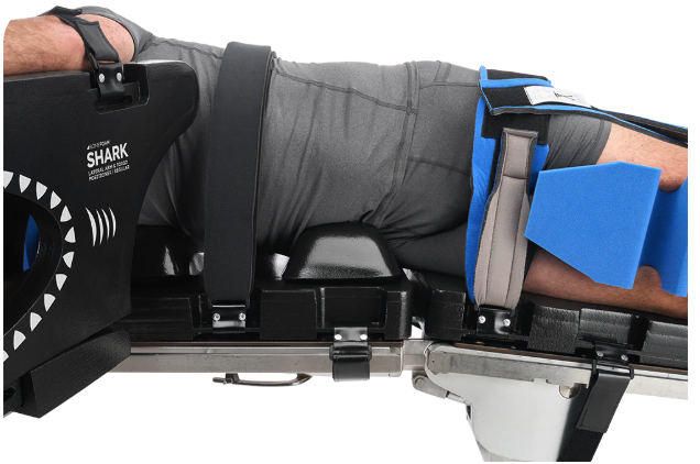 Dog in a gray vest secured on a medical examination table.