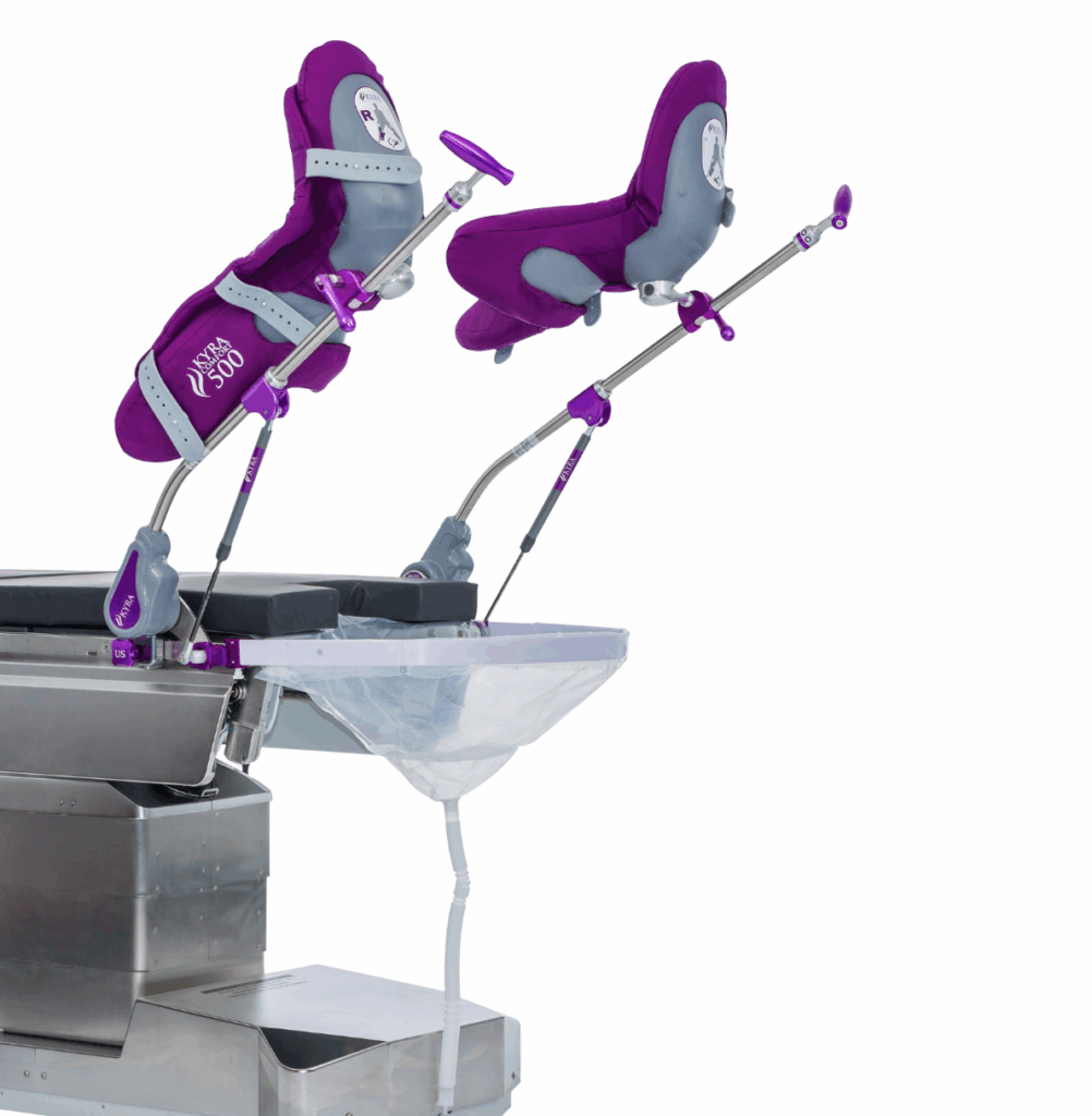 A purple robotic device pouring liquid into a funnel.