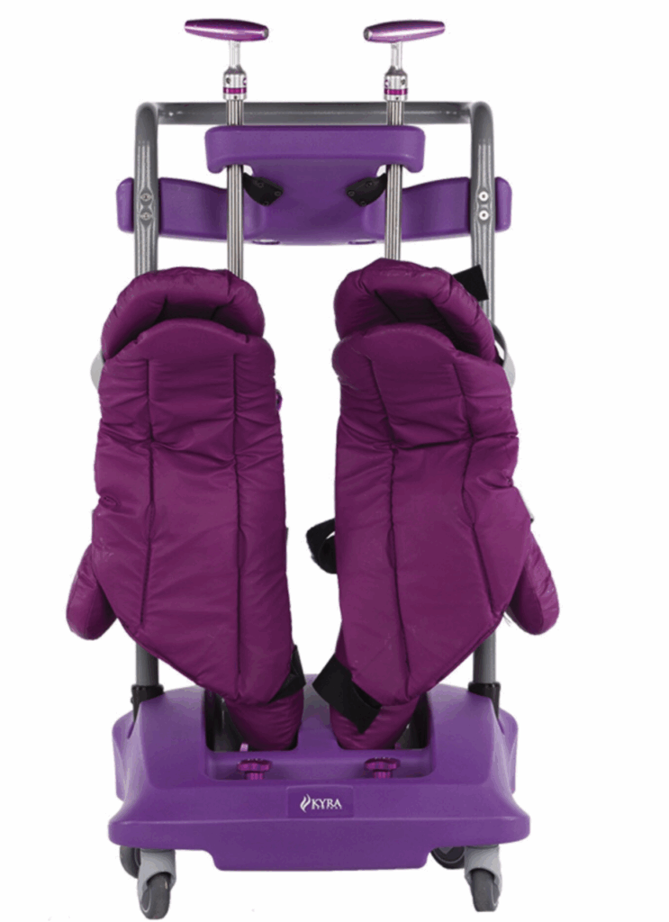 Purple mittens attached to a stroller handle.