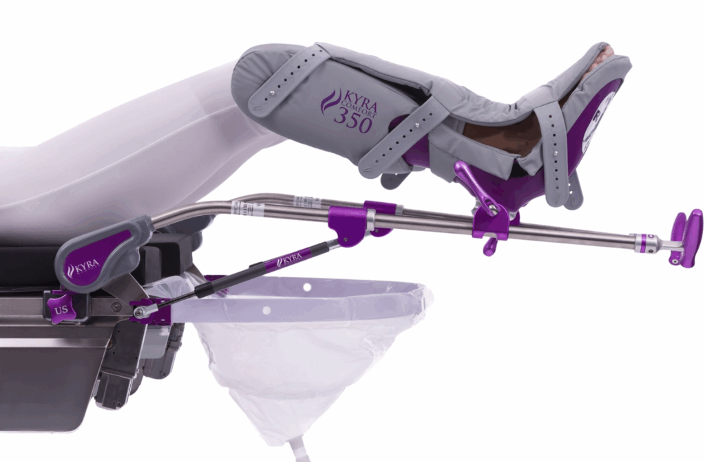 A purple and white baby stroller with a reclining seat and storage basket.