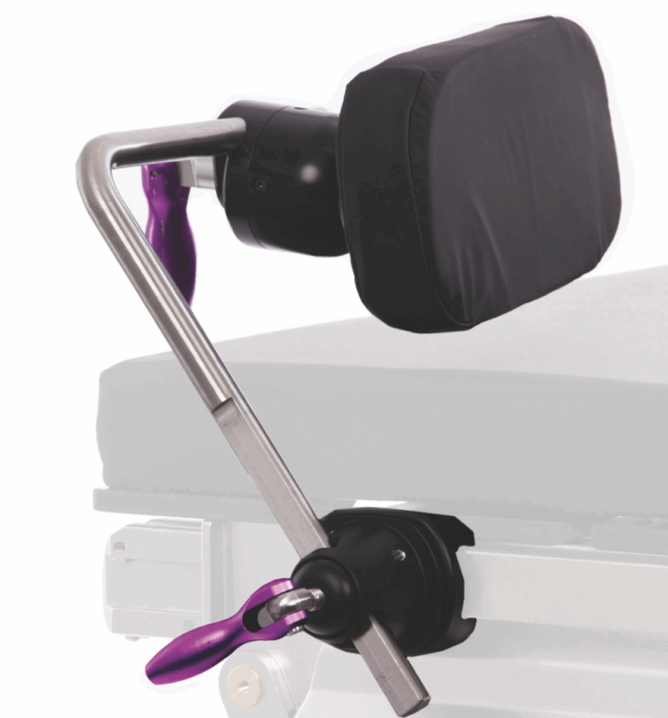 Adjustable headrest attached to a chair with a clamp mechanism.