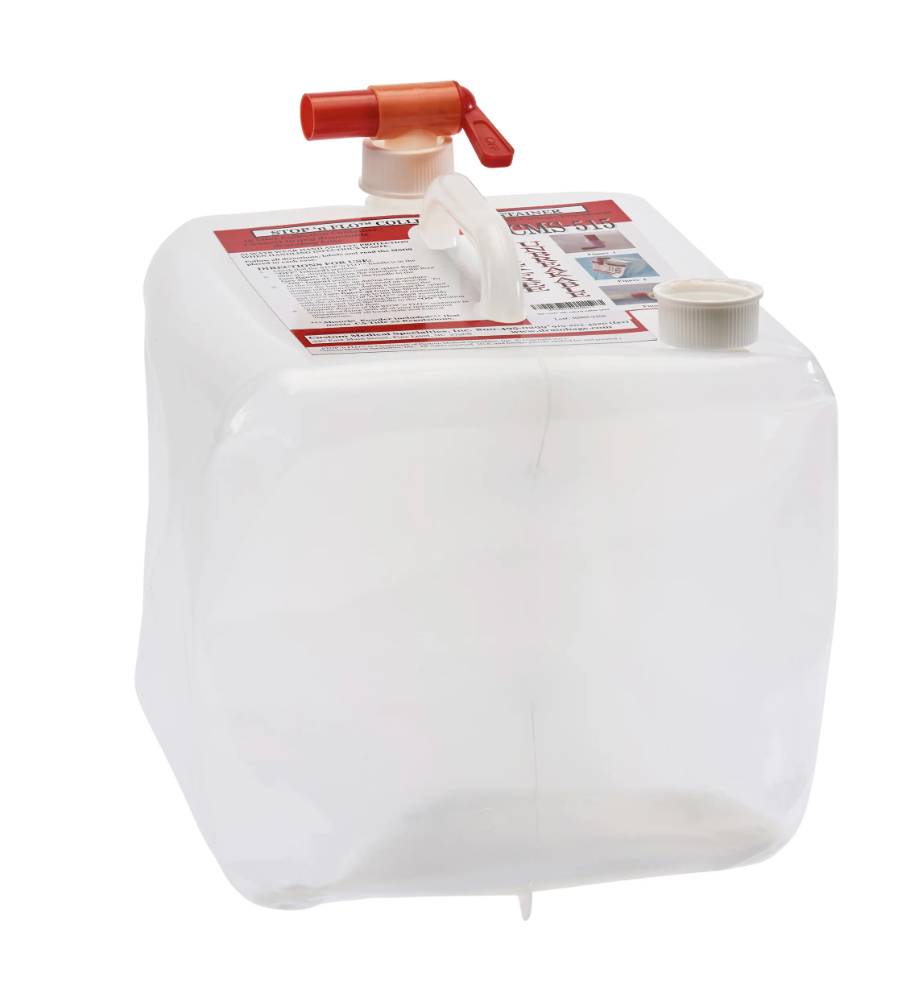 A white plastic water container with a red spigot and handle.