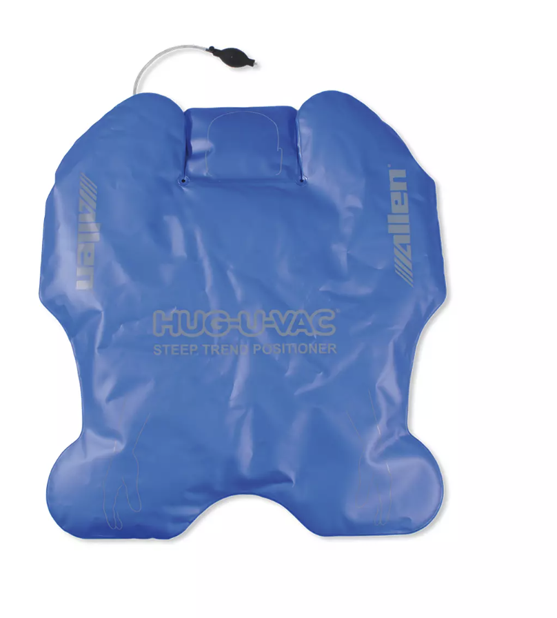 Blue inflatable travel pillow with a built-in pump.