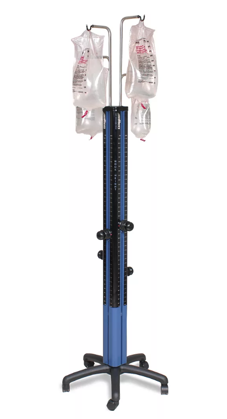 A tall blue measuring scale with black sliders and glass containers on top.