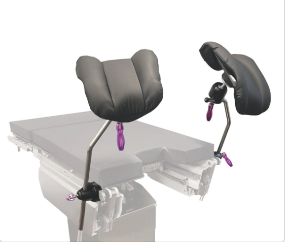 Pair of padded medical arm supports with adjustable clamps.