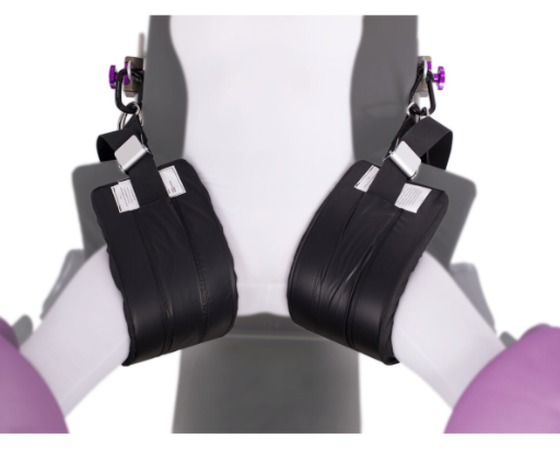 Black padded leg straps with purple attachments and gray harness.