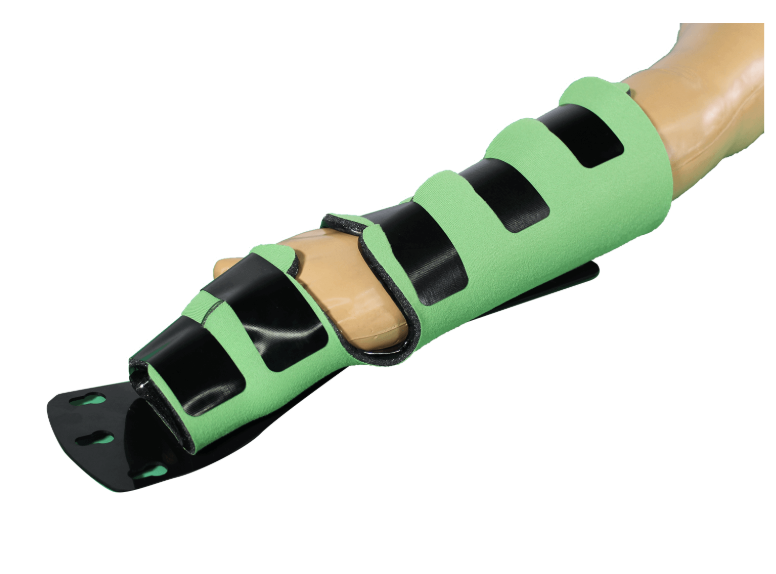 Green orthopedic finger splint with adjustable straps.