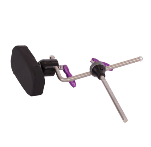 Adjustable headrest with metal rods and a black cushion.