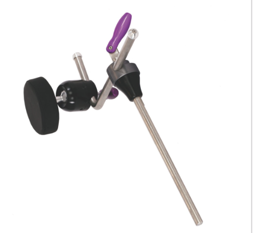Laboratory clamp holding a purple pen at an angle.