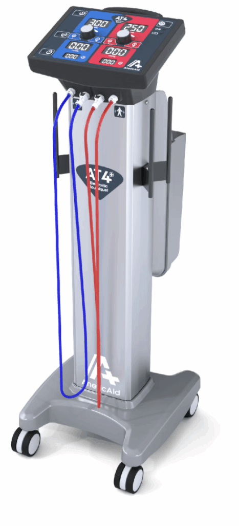 Close-up of a white vertical pole with blue and red cables attached.