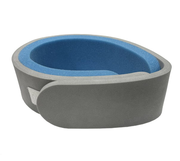 A modern gray and blue pet bed with a cozy oval shape.