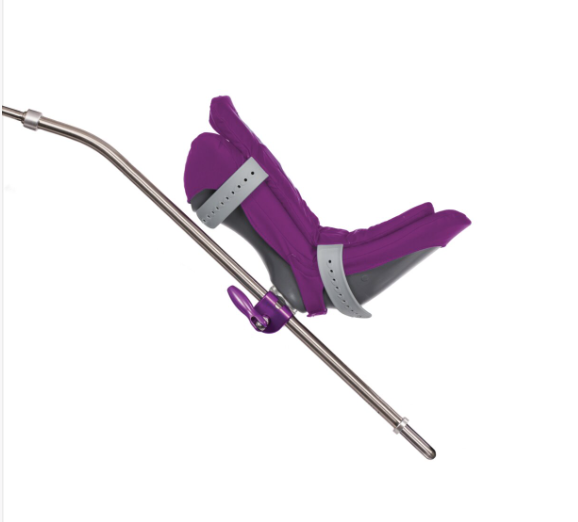 Purple and gray orthopedic walking boot with a metal support bar.