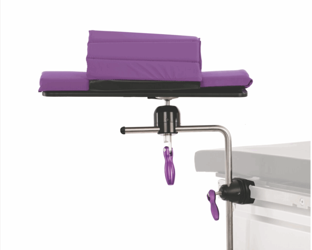 Purple cushions attached to a metal frame with adjustable clamps.