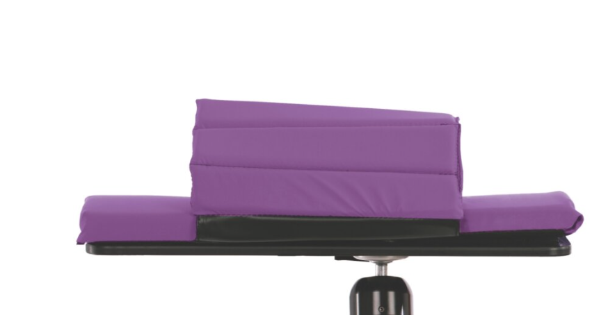 Purple office chair with a cushioned backrest and adjustable height mechanism.