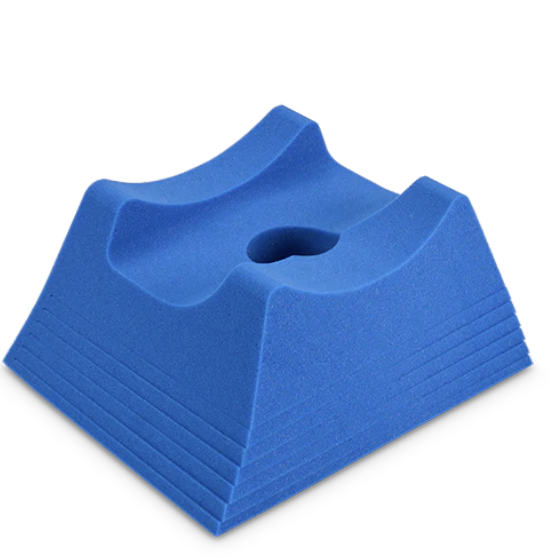 Blue silicone keyboard keycap with ergonomic design.