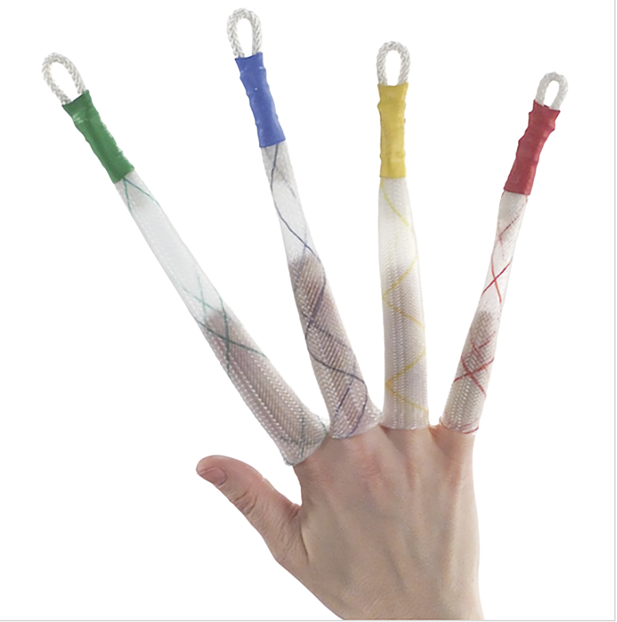 Hand holding four finger exercisers with colored loops.