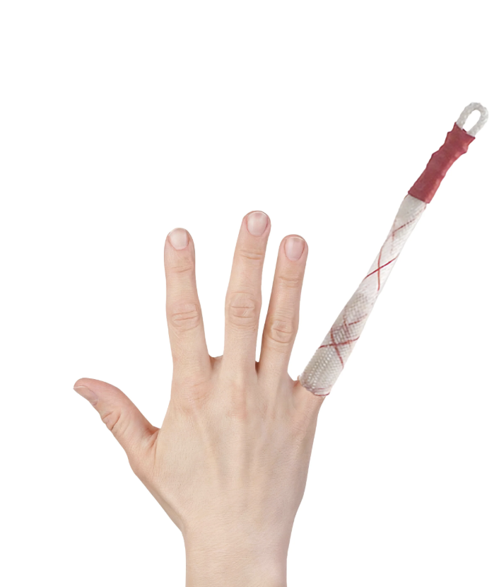 A hand with fingers spread and a transparent, red-tipped object beside it.