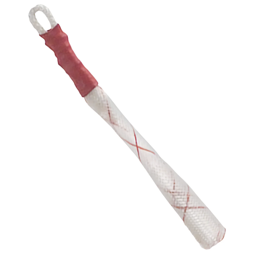 A white flogger with red handle and accents.
