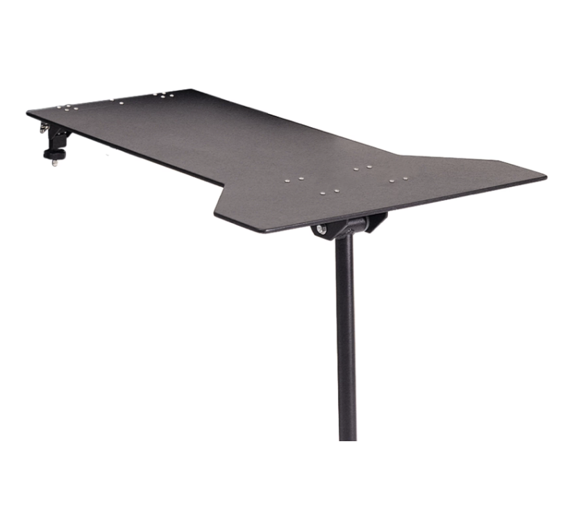 Black adjustable desk converter with dual legs.