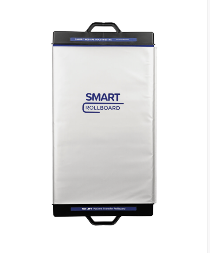 A white smart rollboard with handles and blue accents.