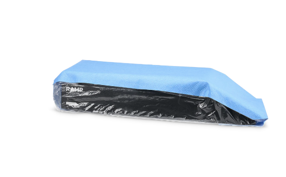 A blue and black rectangular cushion or pad on a white background.