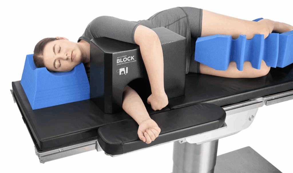 Physical therapy session using a posture correction block.