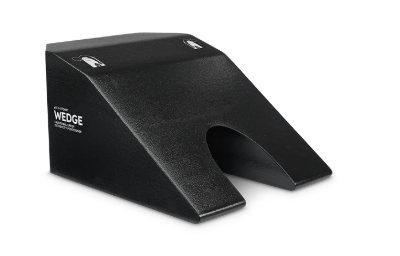 Black wedge-shaped workout bench with a cutout handle.