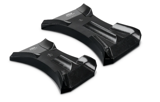 Two black plastic holders with curved, contoured designs.