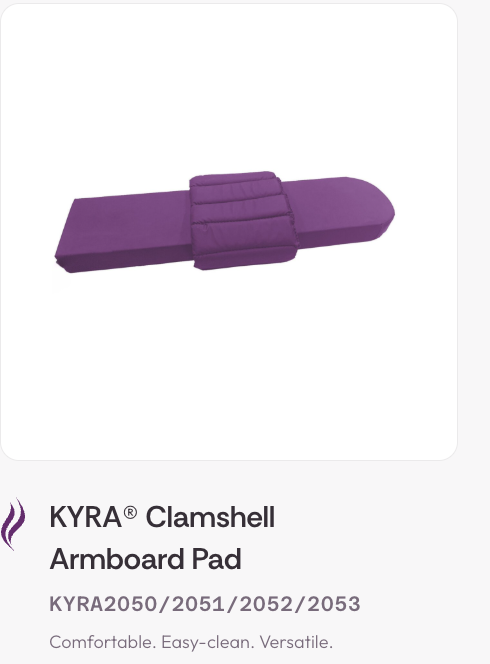 Purple KYRA® clamshell armboard pad for patient support.