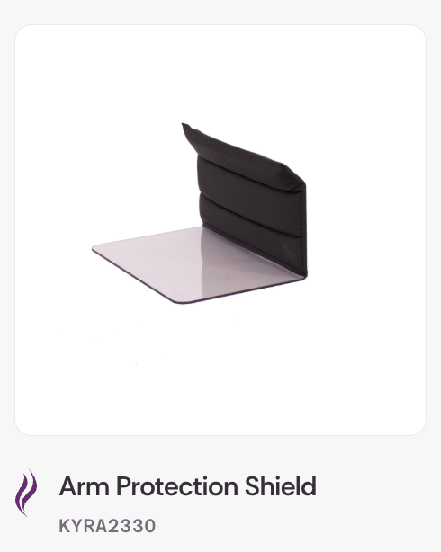 A transparent arm protection shield with a black adjustable strap.