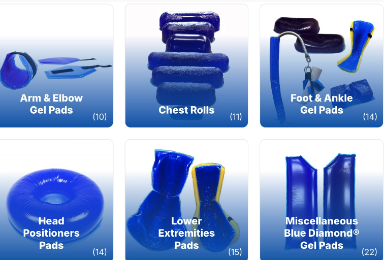 Various blue medical support braces and pads for different body parts.