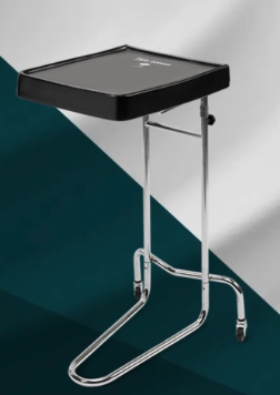 Modern black tabletop with a sleek metal stand against a geometric background.