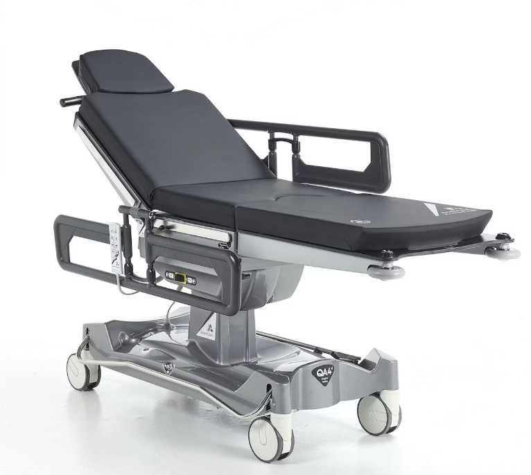 Modern medical examination chair with adjustable features and wheels.