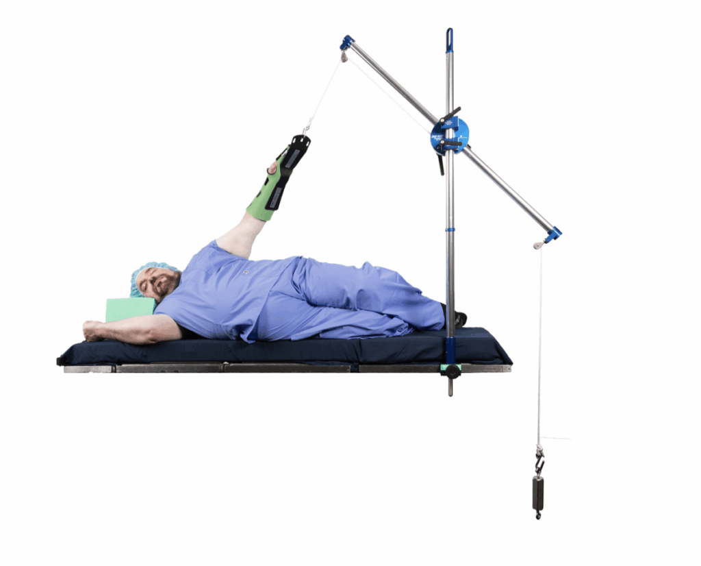 Physical therapy session using a leg traction device.