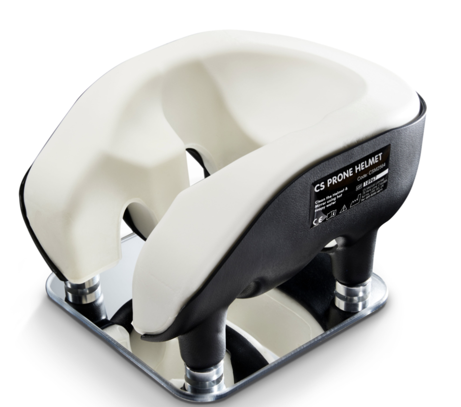 A white ergonomic neck traction device with adjustable settings.