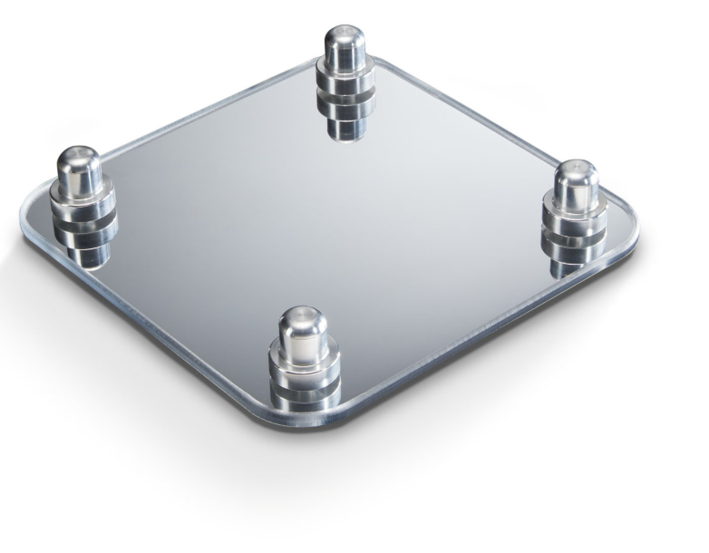 A square mirror with four cylindrical mounts at each corner.
